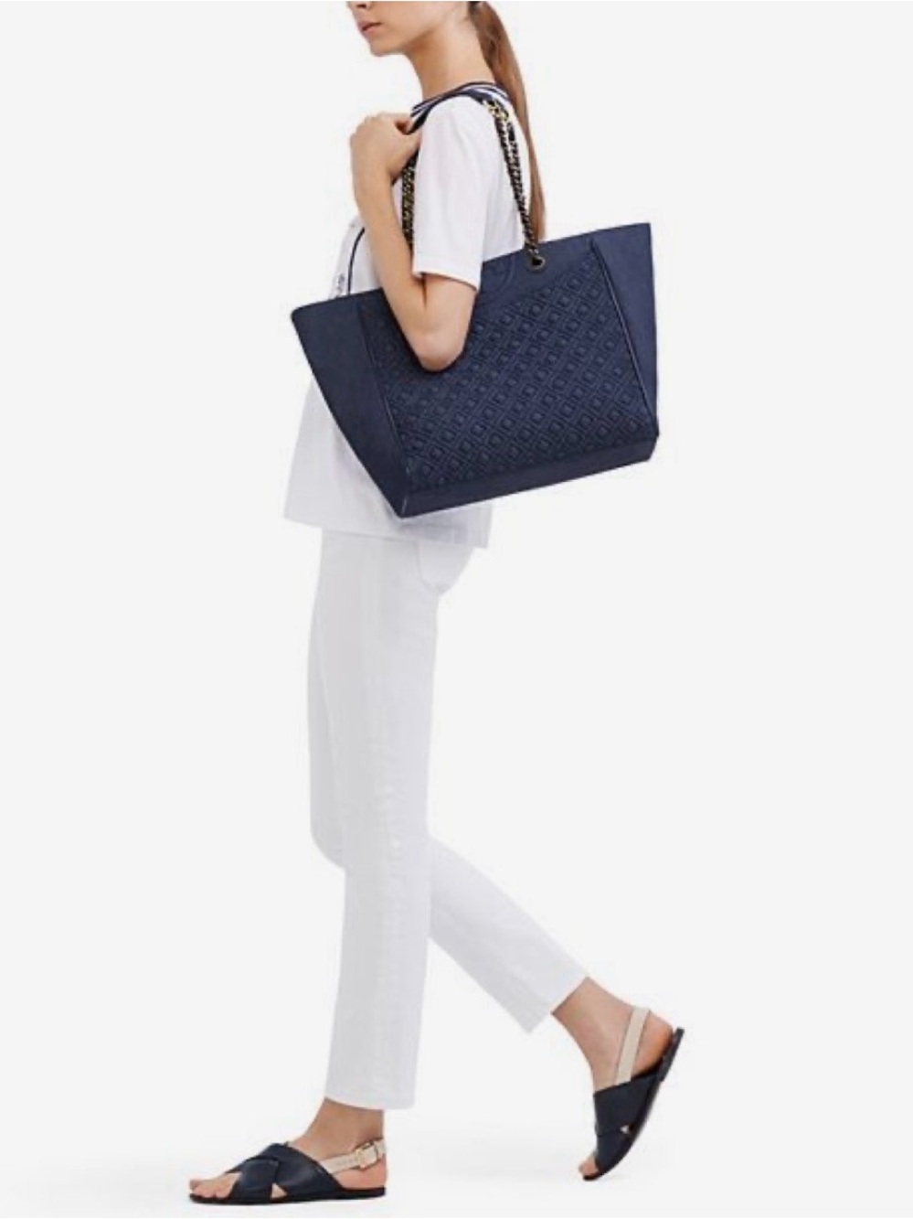 Tory Burch Blue Quilted Denim Fleming Tote Bag With Chain Handle, Blue Denim
